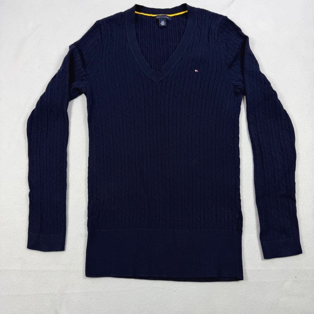Tommy Hilfiger Navy Blue Cable Knit V-Neck Sweater Womens Large Long Sleeve Logo